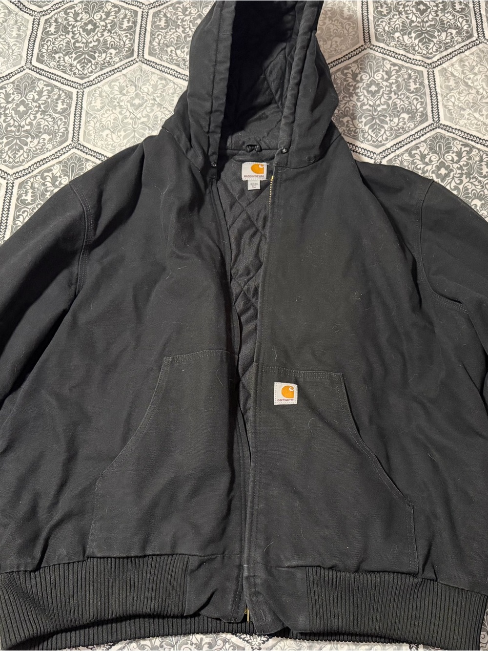 Men’s Carhartt Black Hooded Quilted Jacket with Logo Patch